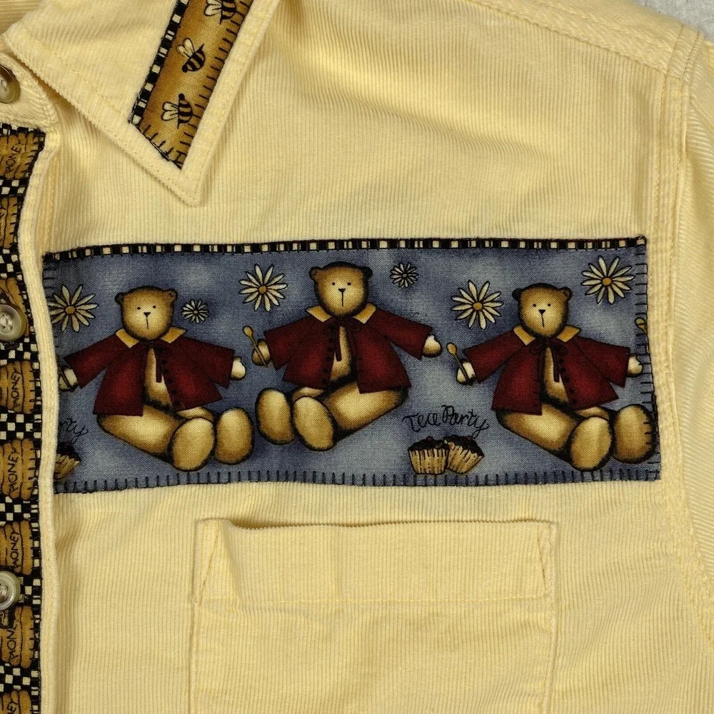 Cherokee Shirt Womens Medium Yellow Orange Corduroy Bears‎ Honey Tea Party VTG